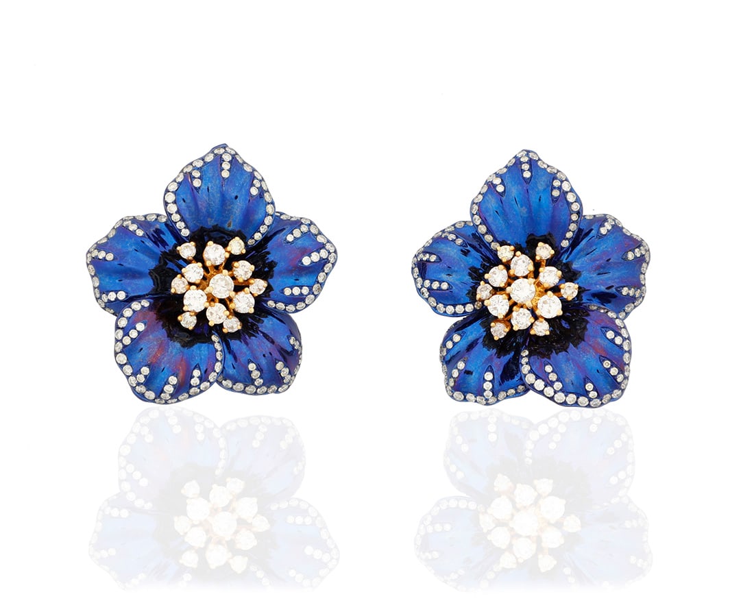 A Pair of Titanium, Gold and Diamond Earrings: A Pair of Titanium, Gold and Diamond EarringsOf a flower design featuring purplish blue titanium petals centering and accented by round diamonds weighing approximately 3.20 carats total2 piecesMeasure