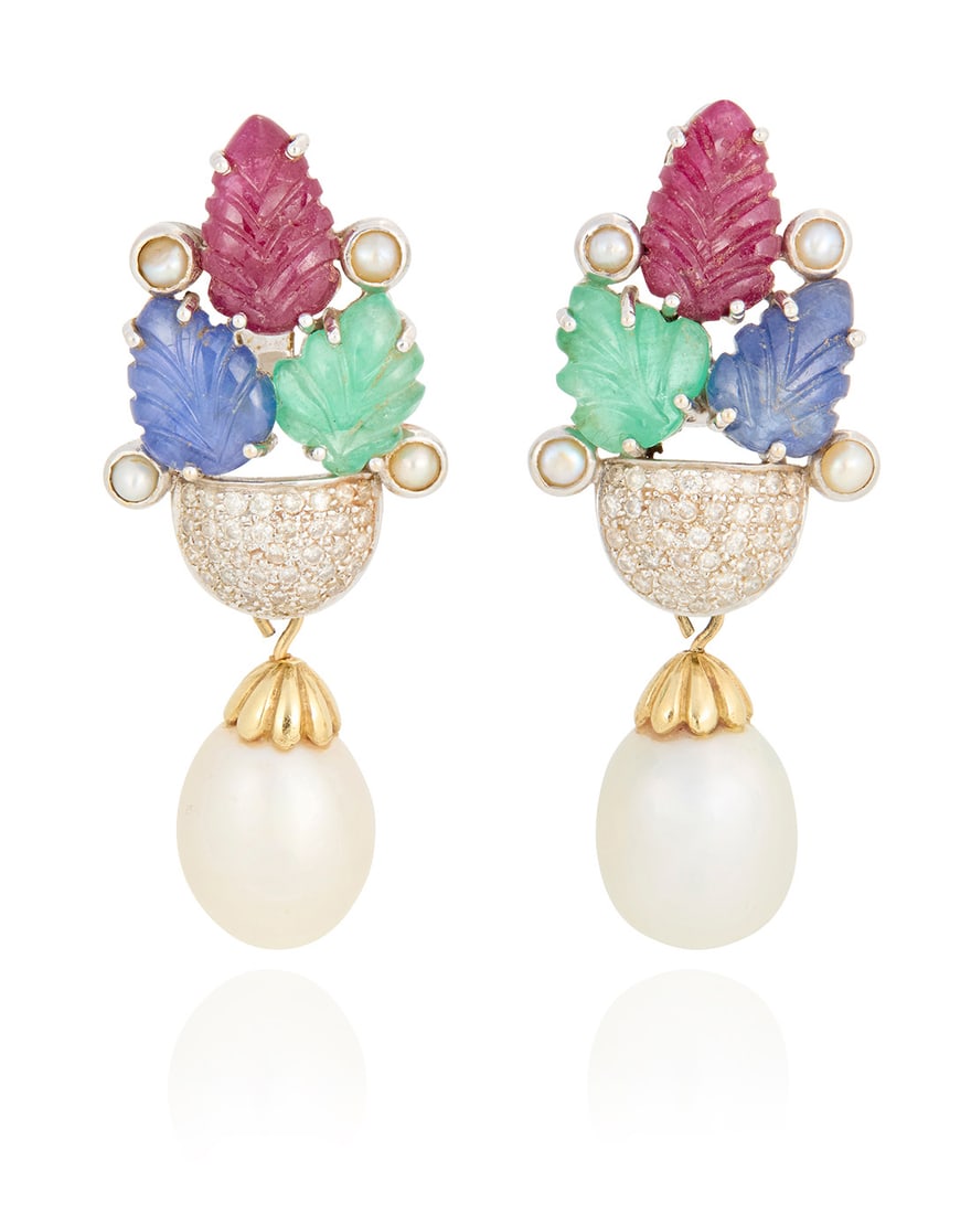 A Pair of Bi-Color Gold, Cultured Pearl, Gem-Set and Diamond Earclips (1 of 3)