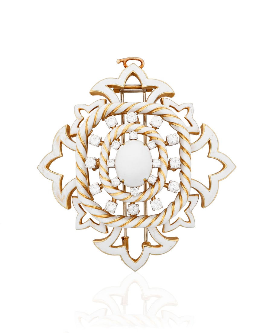 David Webb: An 18K Gold, Enamel and Diamond Pendant/Brooch: David Webb: An 18K Gold, Enamel and Diamond Pendant/BroochOf an openwork design accented by white enamel and finished with twenty round diamonds weighing approximately 2.35 carats, signed WebbMeasures