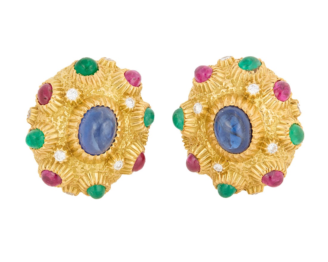 Van Cleef & Arpels: A Pair of 18K Gold, Gem-Set and Diamond Earclips: Van Cleef & Arpels: A Pair of 18K Gold, Gem-Set and Diamond Earclips Of an organic design featuring oval emerald, ruby and sapphire cabochons accented by round diamonds, signed Van Cleef and Arpels,