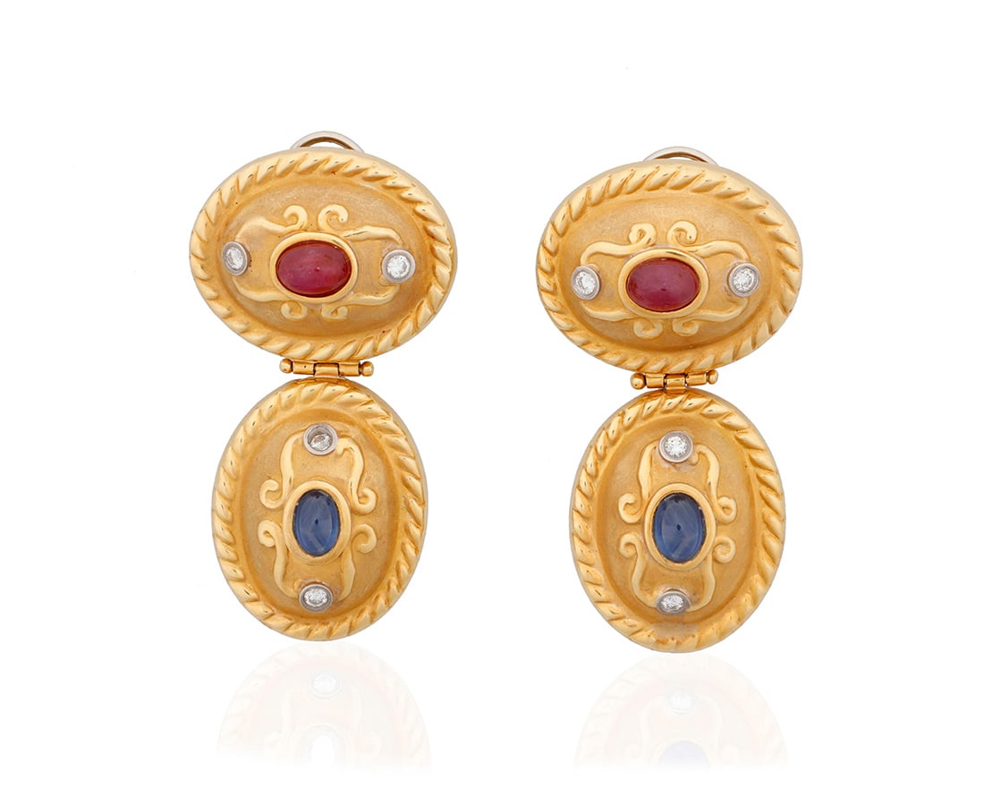 A Pair of 18K Gold, Ruby, Sapphire and Diamond Earclips (1 of 3)