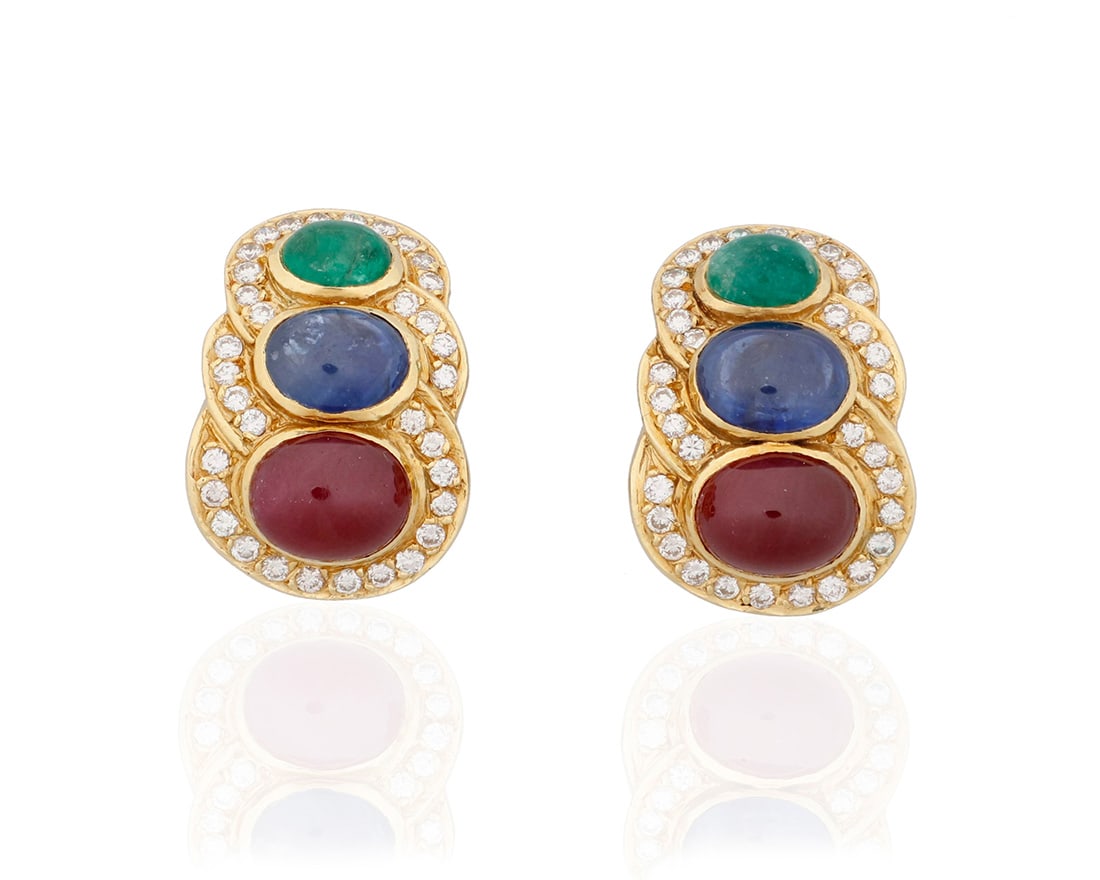 A Pair of 14K Gold, Gem-Set and Diamond Earclips (1 of 3)