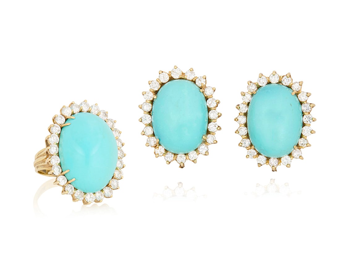 A 14K Gold, Turquoise and Diamond Ring and Earring Set (1 of 6)