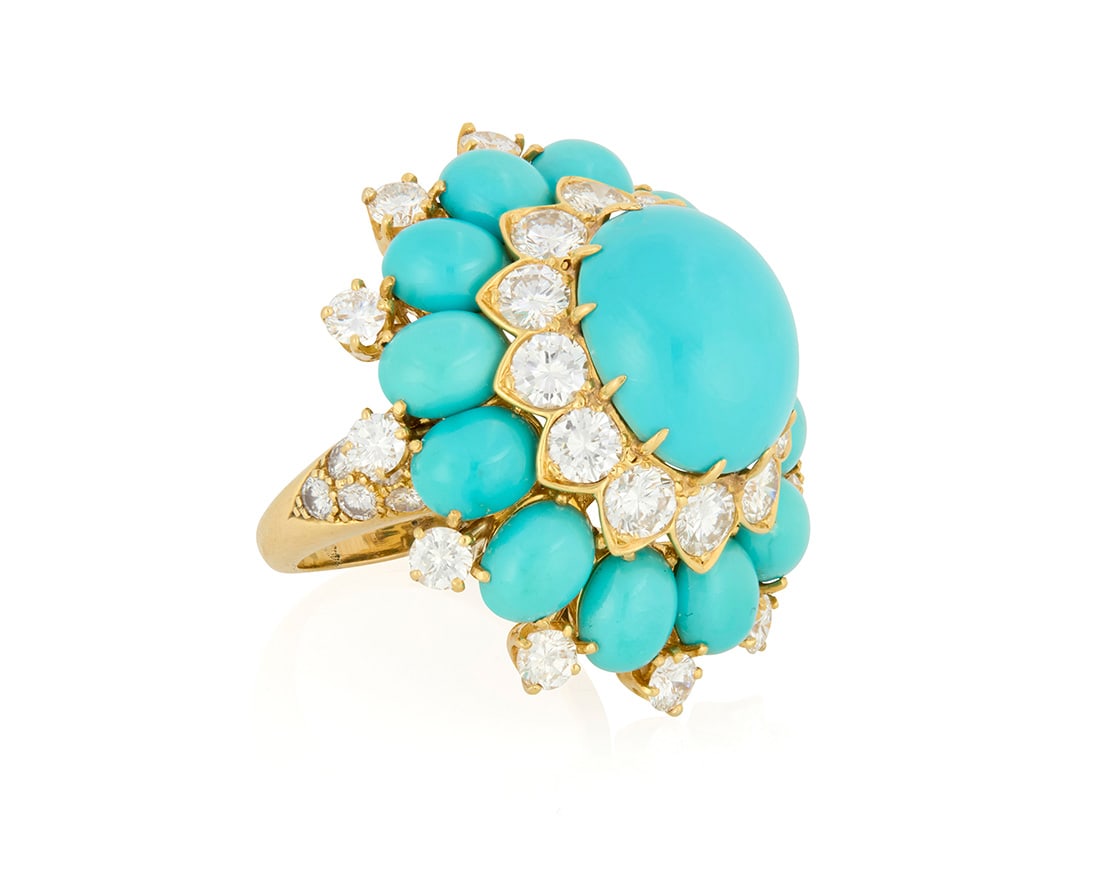 Van Cleef & Arpels: An 18K Gold, Turquoise and Diamond Ring: Van Cleef & Arpels: An 18K Gold, Turquoise and Diamond RingFeaturing oval turquoise cabochons in a floral design accented by twenty-four round diamonds weighing approximately 3.60 carats, signed VCA 3