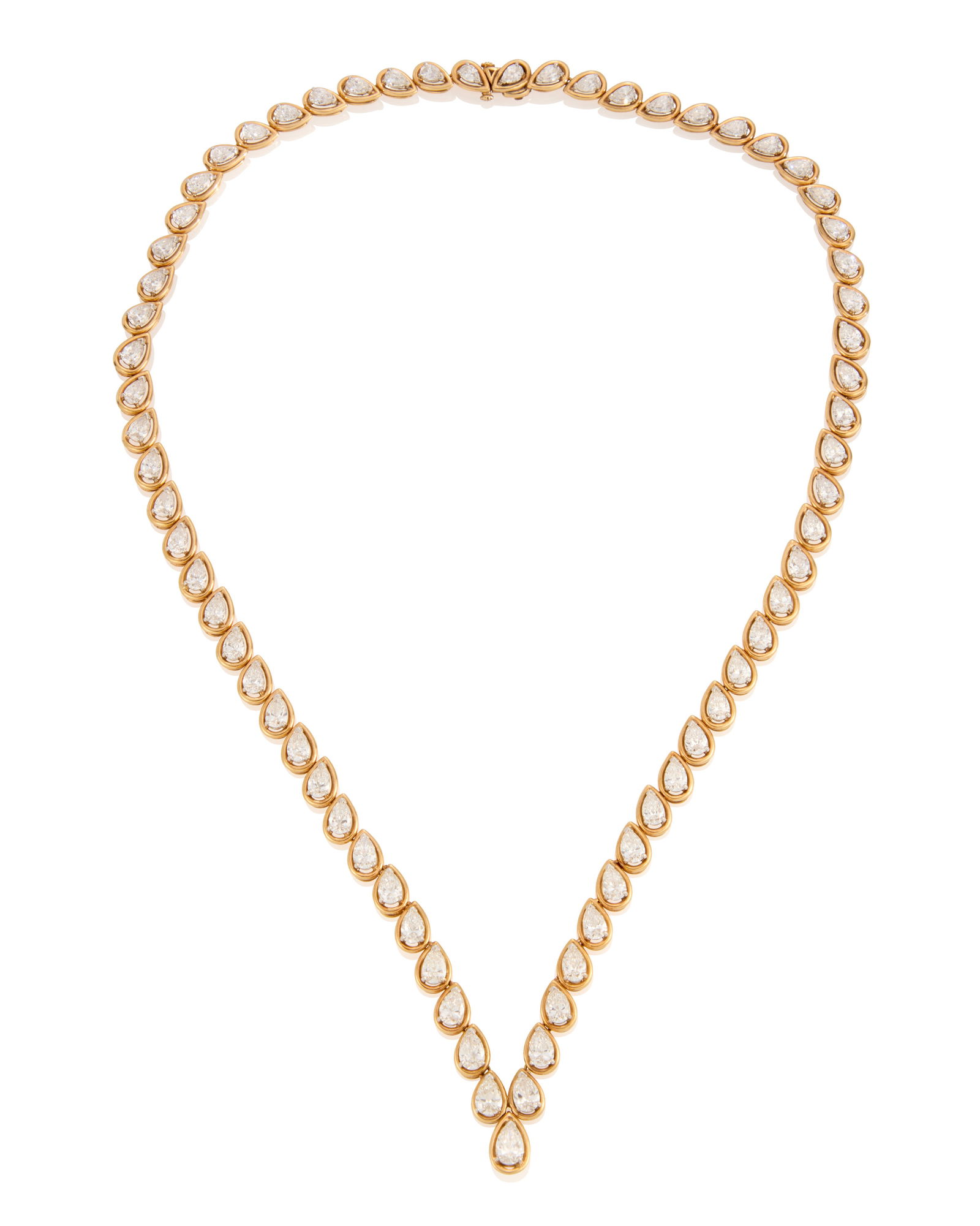 Oscar Heyman & Brothers for Cartier: An 18K Gold, Platinum, and Diamond Necklace, 1977: Oscar Heyman & Brothers for Cartier: An 18K Gold, Platinum, and Diamond Necklace, 1977Featuring sixty-nine graduated pear-shaped diamonds weighing approximately 22.15 carats, set in a draping 'V' shap