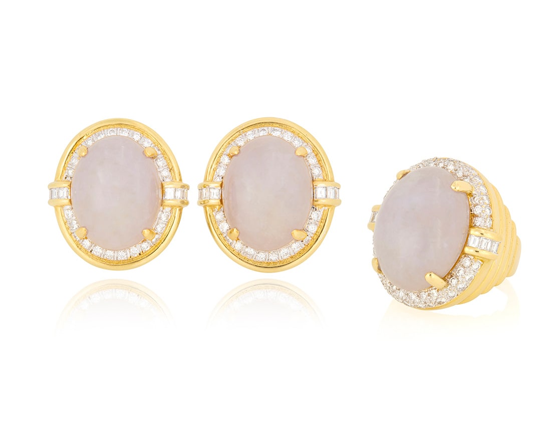 An 18K Gold Lavender Jade and Diamond Ring and Earring Set (1 of 6)