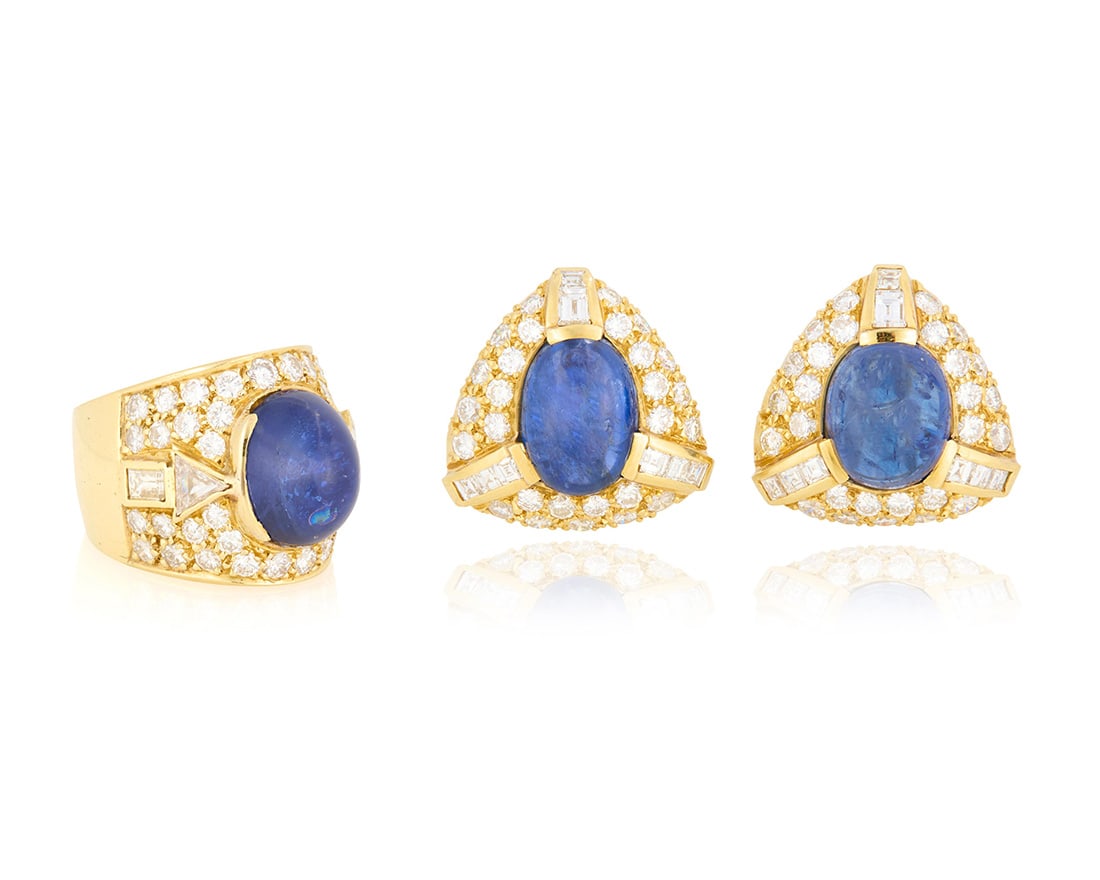 An 18K Gold, Tanzanite, and Diamond Ring and Earring Set (1 of 6)