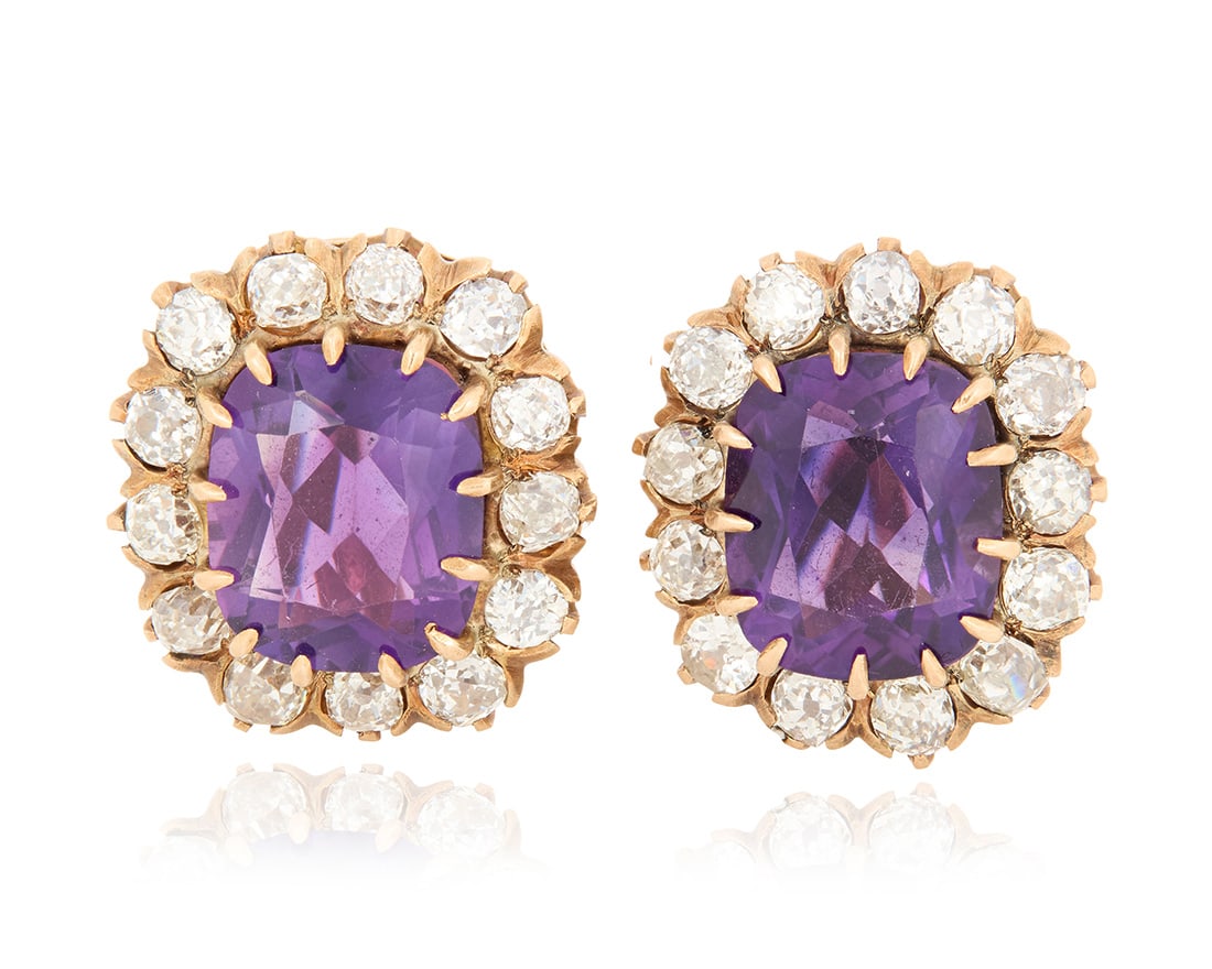 A Pair of Gold, Amethyst and Diamond Earrings (1 of 3)