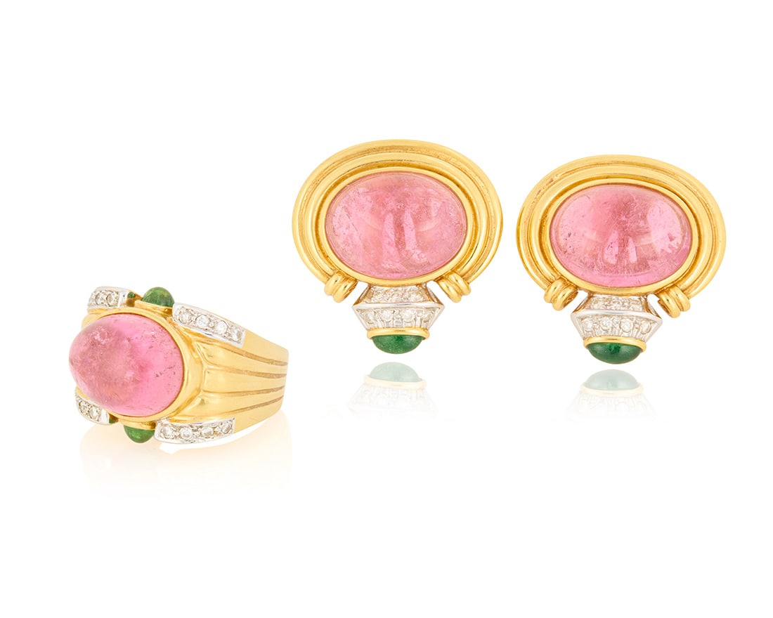 An 18K Gold, Pink Tourmaline, Emerald and Diamond Ring and Earring Set (1 of 6)