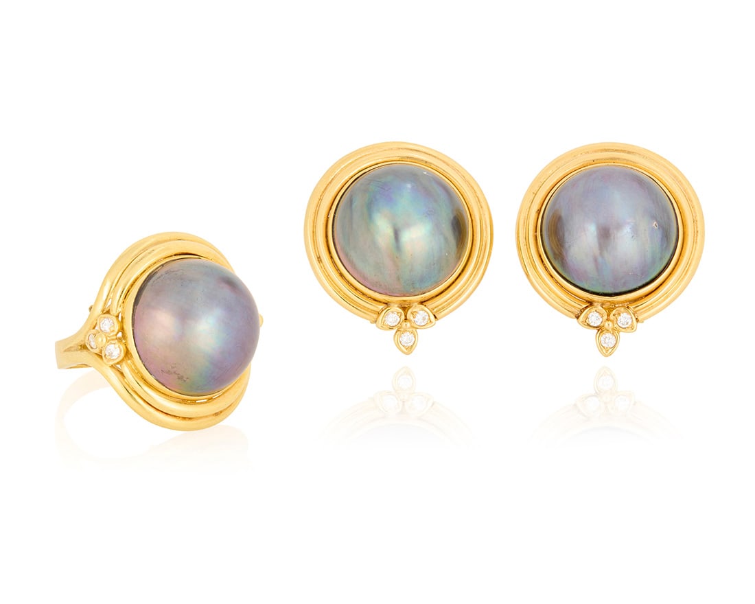 An 18K Gold, Mabe Pearl and Diamond Ring and Earring Set: An 18K Gold, Mabe Pearl and Diamond Ring and Earring Set Featuring three round grey mabe pearls, set in stepped gold frames accented by round diamonds 3 pieces Ring: 8 1/2, Earrings: 1 x 1 in. 33.6
