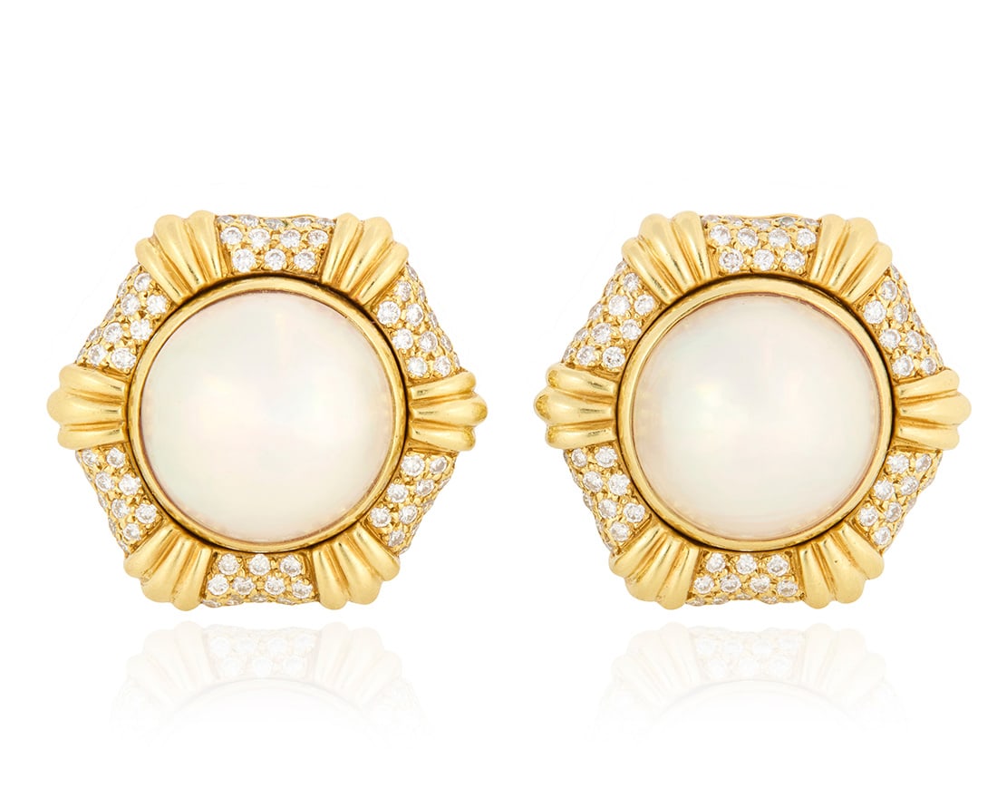 GemLok: A Pair of 18K Gold, Mabe Pearl and Diamond Earclips: GemLok: A Pair of 18K Gold, Mabe Pearl and Diamond Earclips Centering two round mabe Pearls, set in a hexagonal frame set with round diamonds weighing approximately 1.44 carats total, signed GemLok 