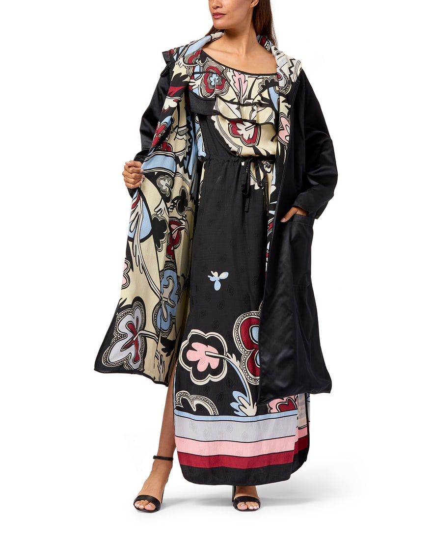 Michaele Vollbracht: A Printed Silk Maxi Dress & Coat: Michaele Vollbracht: A Printed Silk Maxi Dress & CoatCirca 1980sEach with label: Michaele VollbrachtComprising a sleeveless pullover black and multicolored patterned silk shift dress with drawstring w