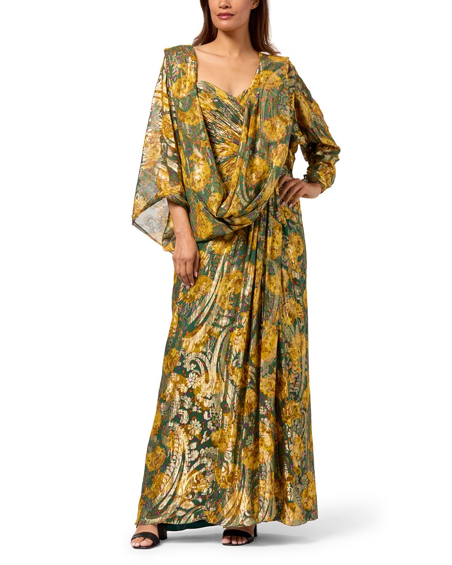 Nolan Miller: A Floral & Metallic Thread Evening Dress Ensemble: Nolan Miller: A Floral & Metallic Thread Evening Dress EnsembleCirca 1980s-1990sLabel: Nolan Miller CoutureA bustier evening gown in floaty gold, green and yellow paisley floral patterned silk and 'Lu