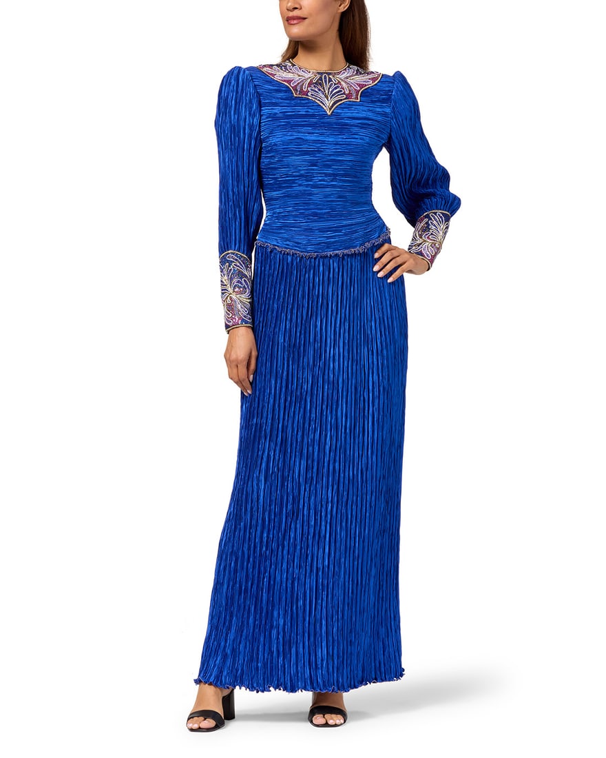 Mary McFadden: A Blue Pleated & Beaded Evening Gown (1 of 3)