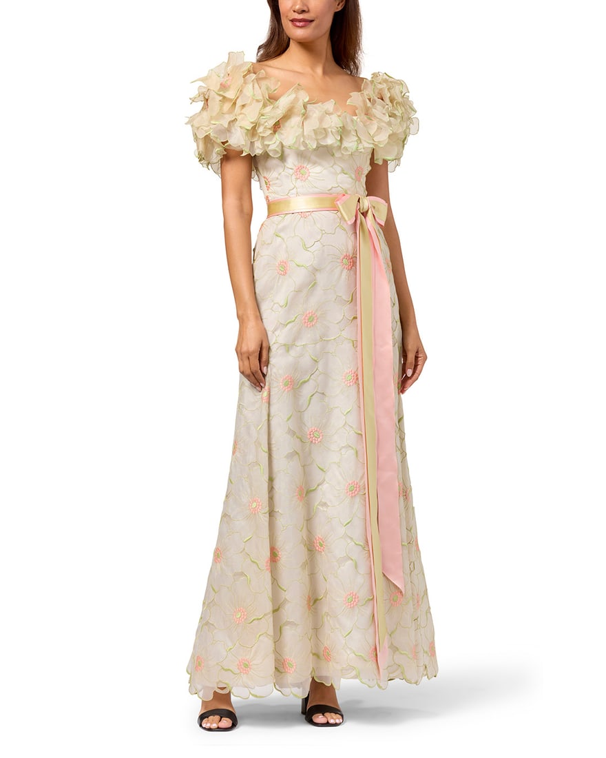 Arnold Scaasi: An Embroidered Floral Silk Organza Gown: Arnold Scaasi: An Embroidered Floral Silk Organza GownCirca 1970s-1980sLabel: Arnold ScaasiA long sleeveless dress of glazed organza fabric flowers, attached and embellished with pink and green embroi