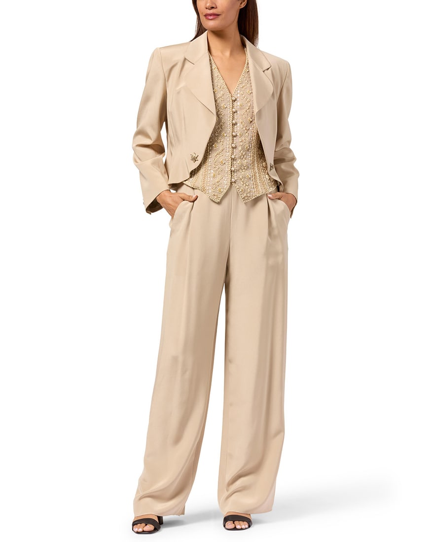 Badgley Mischka: A Tan Silk Ladies Pant Suit Ensemble: Badgley Mischka: A Tan Silk Ladies Pant Suit EnsembleCirca 1990s, U.S.A.Labels: Badgley Mischka / Made in U.S.A.; with boutique labels for fabricA three-piece pale beige finely ribbed silk faille trou