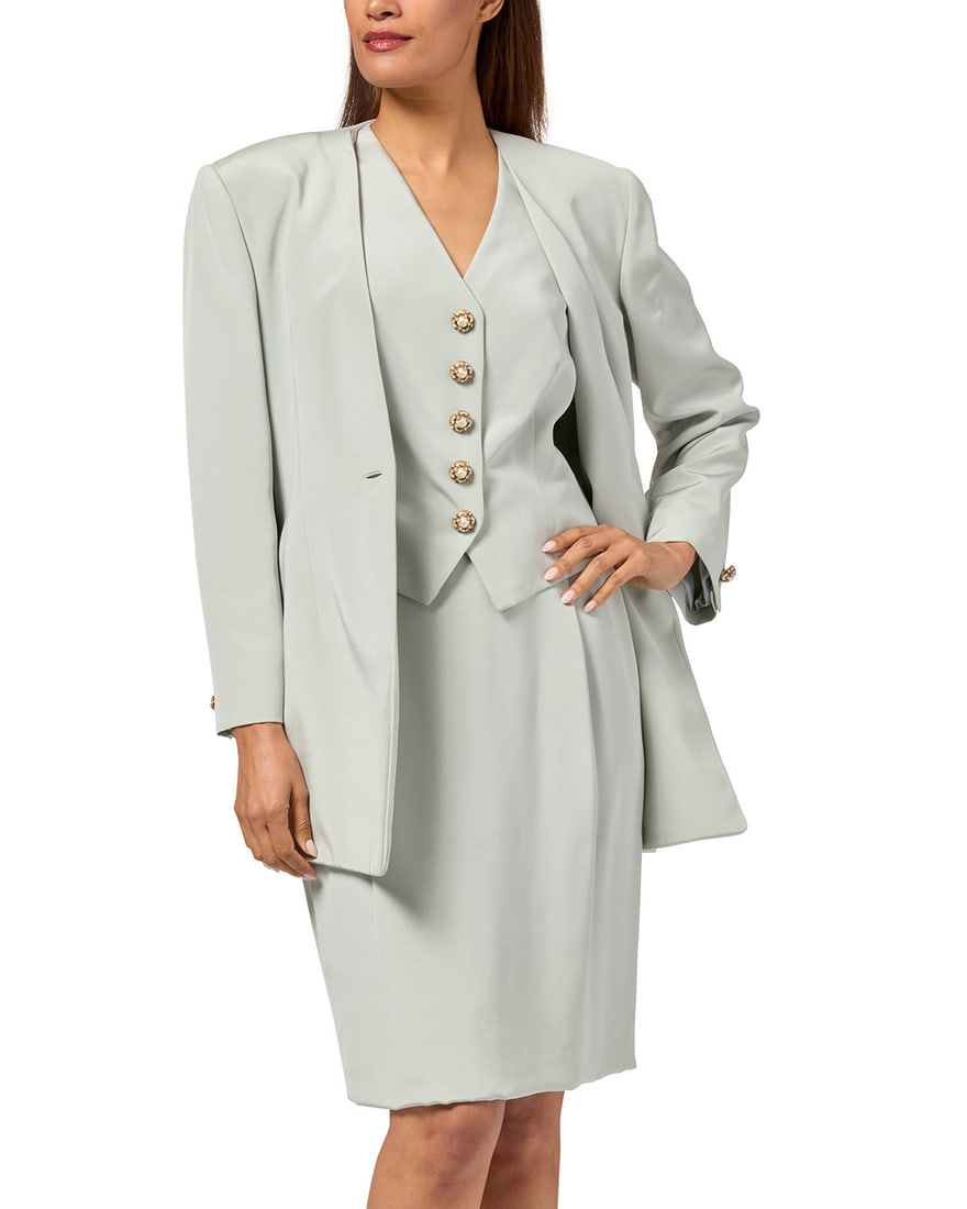 Badgley Mischka: A Pale Grey Silk Ladies Skirt Suit: Badgley Mischka: A Pale Grey Silk Ladies Skirt SuitCirca 1990s, U.S.A.Labels: Badgley Mischka / Made in U.S.A.; with boutique labels for fabricA three-piece 'eau-de-nil' finely ribbed silk faille form