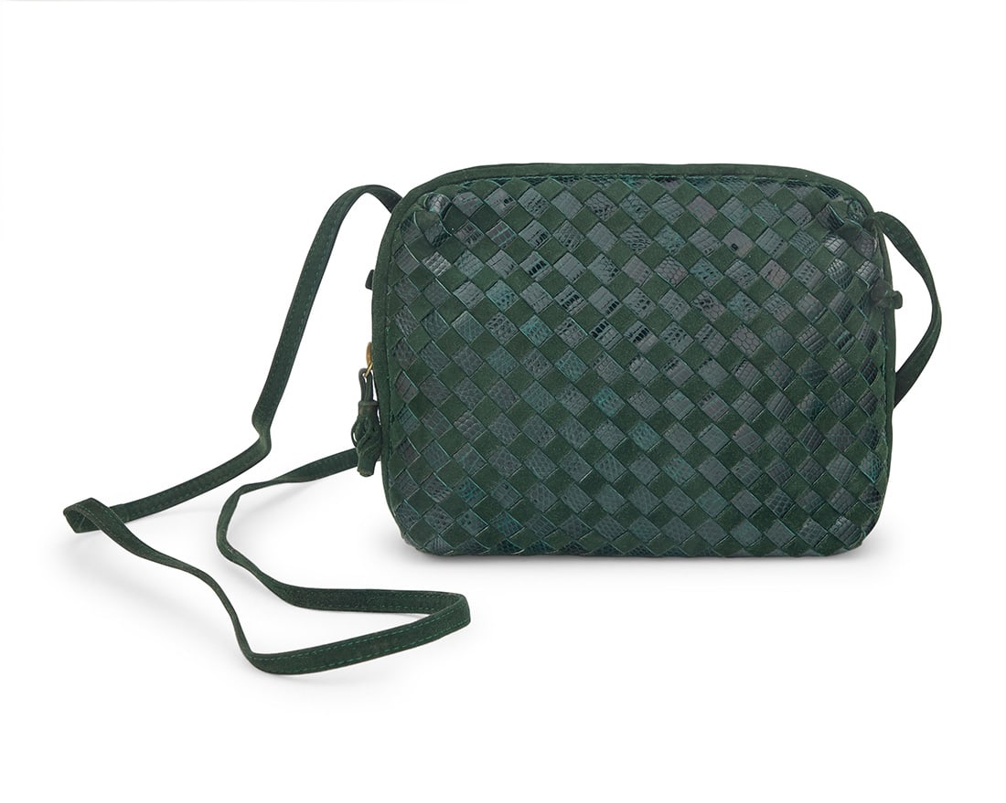 Bottega Veneta: A Vintage Dark Green Intrecciato Woven Two Tone Leather Shoulder Bag: Bottega Veneta: A Vintage Dark Green Intrecciato Woven Two Tone Leather Shoulder BagMarked to interior plaque: Bottega Veneta / Made in ItalyA rectangular zip-top soft bag with woven suede and exotic
