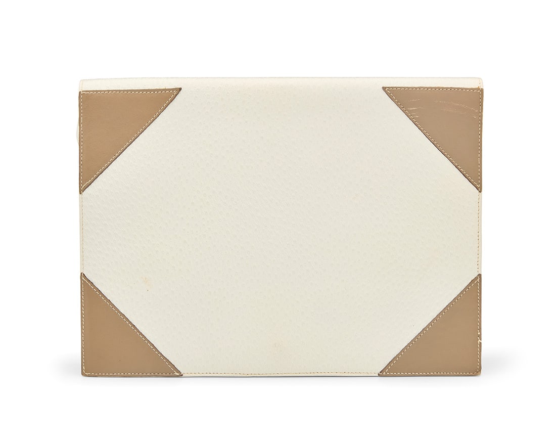 Krizia: A White & Tan Embossed Exotic Leather Clutch: Krizia: A White & Tan Embossed Exotic Leather ClutchEmbossed to interior: Krizia / Made in ItalyA vintage flat envelope portfolio style clutch in white embossed stippled leather, with smooth tan leath