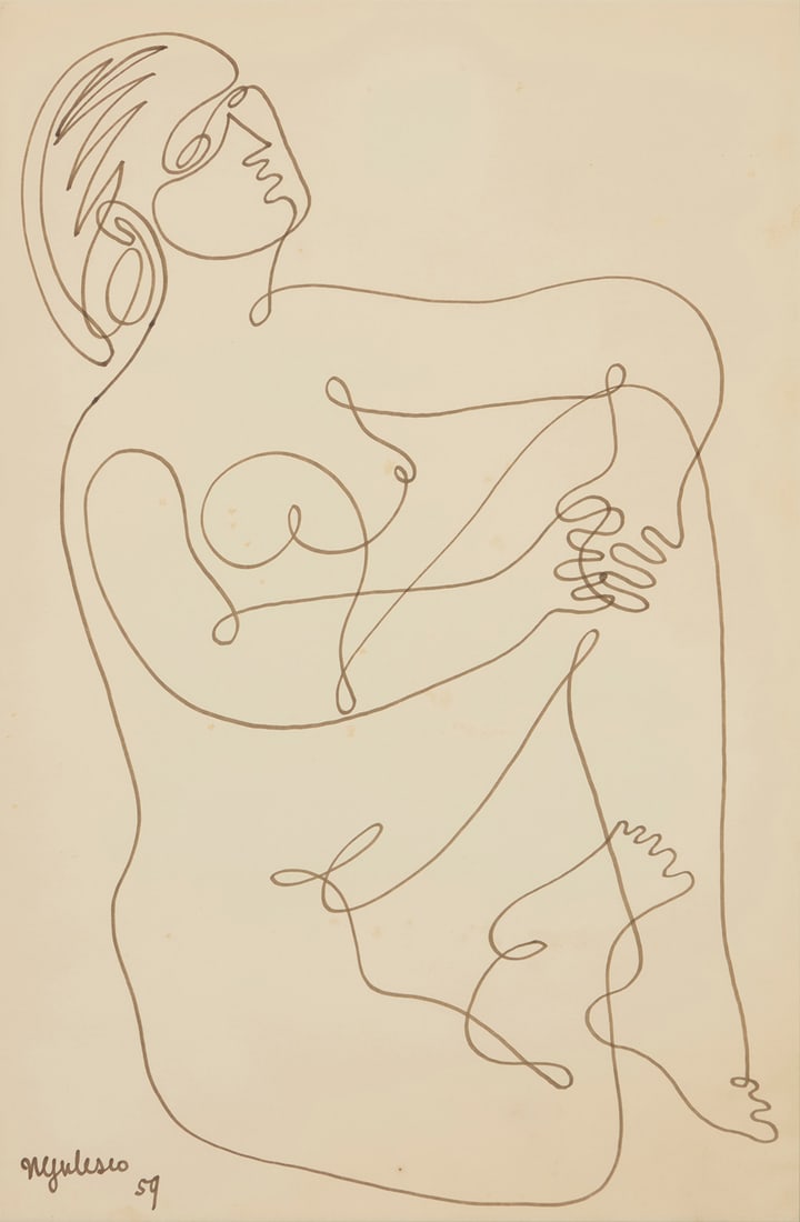 Jean Negulesco (1900-1993), Seated nude with raised knee, 1959: Jean Negulesco(1900-1993)Seated nude with raised knee, 1959Ink on paperSigned and dated lower left: Negulesco / 59Sight: 29.75 H x 19.75" W Provenance:The Estate of Joanna Carson "