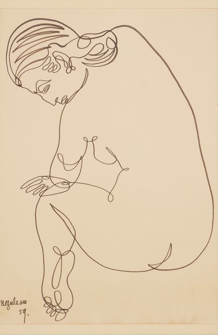 Jean Negulesco (1900-1993), Seated nude seen from the side, 1959: Jean Negulesco(1900-1993)Seated nude seen from the side, 1959Ink on paperSigned and dated lower left: Negulesco / 59Sheet: 28" H x Sight: 19.75" W Provenance:The Estate of Joanna Carson