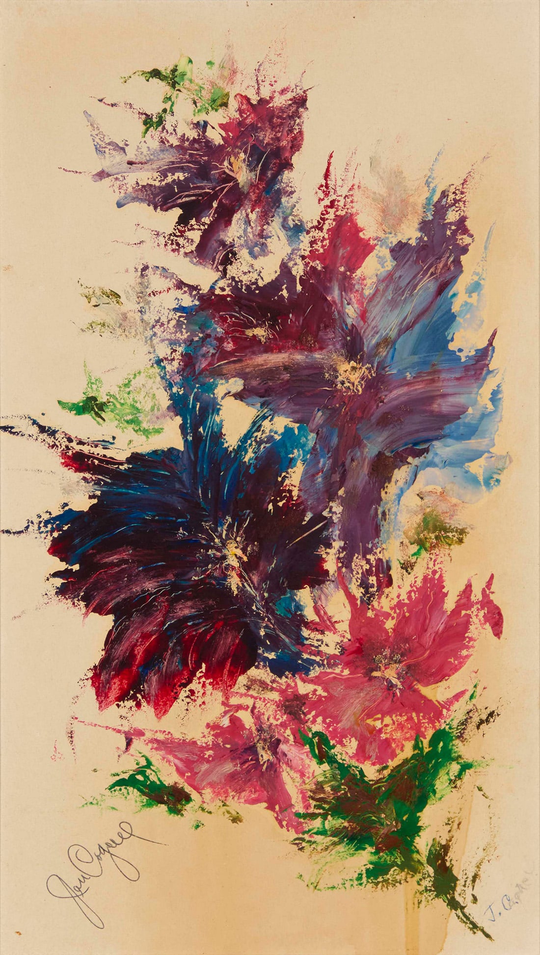 James Cagney (1899-1986), Floral spray, circa 1960s: James Cagney(1899-1986)Floral spray, circa 1960sOil on boardSigned lower left and lower right: Jim Cagney; signed again and inscribed to Joanna and Johnny Carson, all in ink on the frame's backing pap