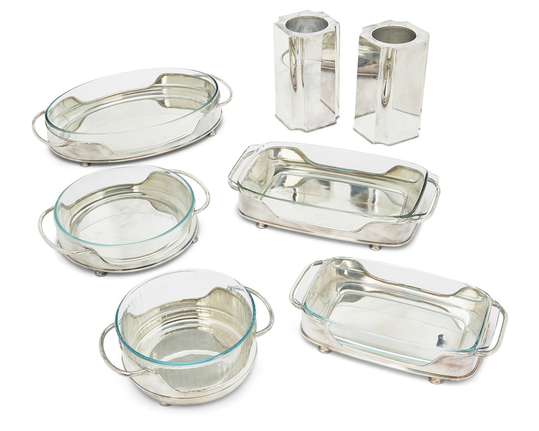 A collection of Christian Dior silver plated and glass serving wares: A collection of Christian Dior silver plated and glass serving wares 20th century Each with factory marks and: Made in Italy Comprising one large oval, two circular, and two rectangular serving