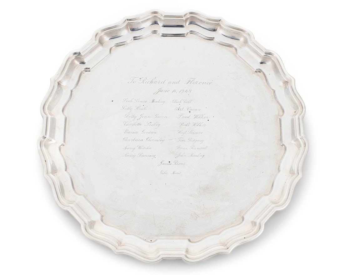 An American sterling silver presentation tray: An American sterling silver presentation tray Mid-20th century Marked for sterling and maker Frank Smith Silver Co.; numbered: 212; with commemorative inscription: To Richard and Florence / June 16,