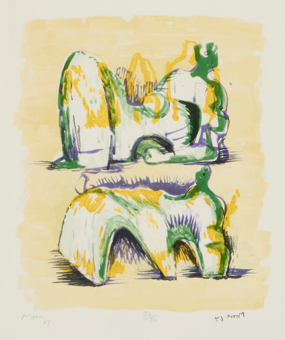 Henry Moore (1898-1986), "Two Reclining Figures in Yellow and Green," from "Meditations on the: Henry Moore(1898-1986)"Two Reclining Figures in Yellow and Green," from "Meditations on the Effigy," 1967Lithograph in colors on paperEdition: 32/50Signed, dated, and numbered in pencil in the lower m