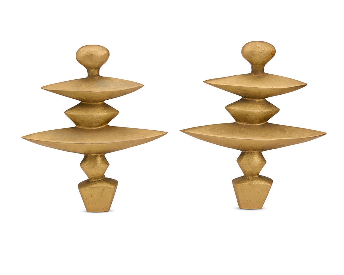 After Alberto Giacometti (1901-1966), A pair of 'Zig Zag' style gilt bronze andirons, circa 1978: After Alberto Giacometti (1901-1966) A pair of 'Zig-Zag'-style gilt bronze andirons, circa 1978 Each stamped: 1978 © NR 2 pieces Each: 13.5" H x 11.375" W x 3.625" D Provenance: The Estate of