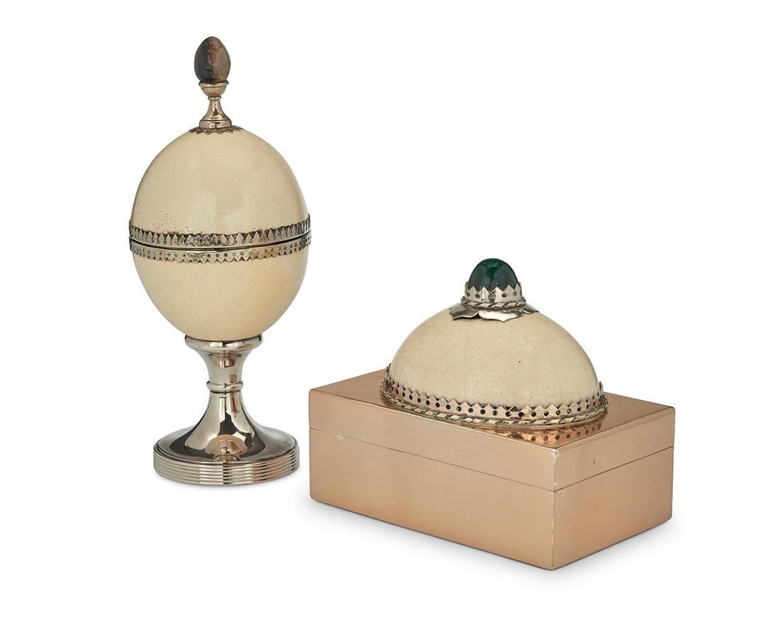 Anthony Redmile (1940-2016), Two ostrich egg and silver plated metal boxes, circa 1980s (1 of 4)