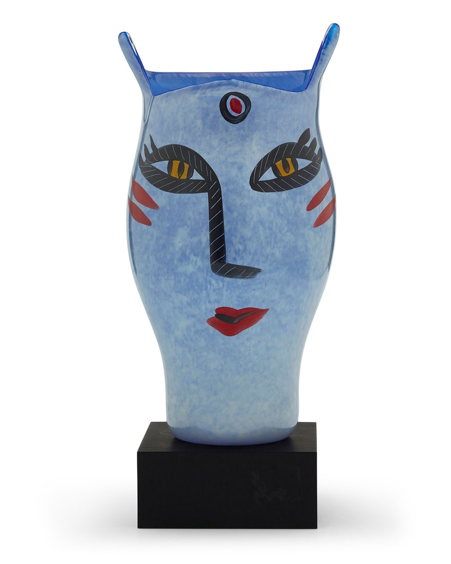 Ulrica Hydman-Vallien (1938-2018), An 'Open Minds' painted glass vase for Kosta Boda, late 20th: Ulrica Hydman-Vallien (1938-2018)An "Open Minds" painted glass vase for Kosta Boda, late 20th centuryEtched to underside: Kosta Boda / [indecipherable] / Ulrica H.V / 48744; painted at base: Ulrica HV