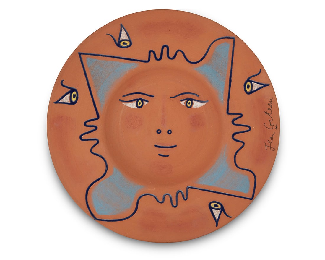 Jean Cocteau (1889-1963), "Quatre-profils," 1958: Jean Cocteau (1889-1963) "Quatre-profils," 1958 Terracotta charger with polychrome ceramic crayon and enamels Edition: 19/30 Signed recto: Jean Cocteau [star cipher]; inscribed and numbered to