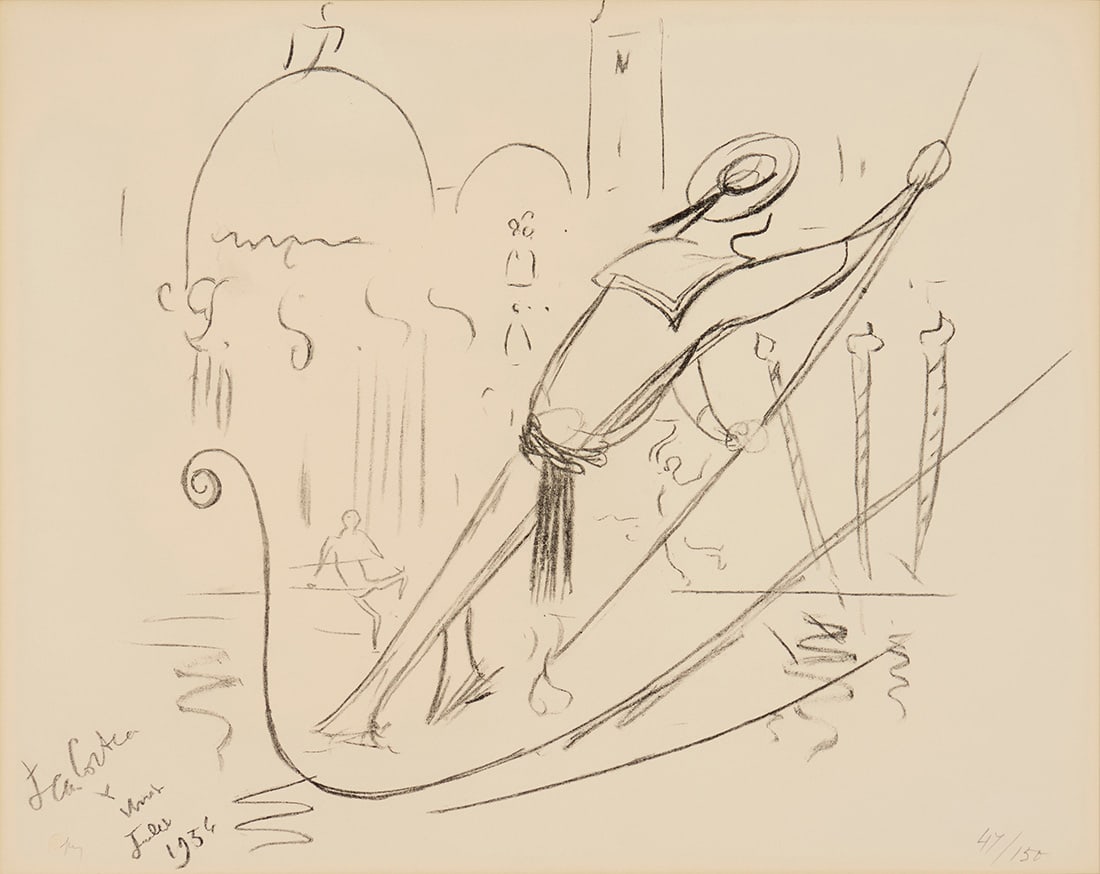 Jean Cocteau (1889-1963), Gondolier, one plate from the "Venice" series, 1956: Jean Cocteau(1889-1963)Gondolier, one plate from the "Venice" series, 1956Lithograph on wove paperEdition: 47/150 (there are also 25 proofs numbered in Roman numerals), printed and published in 1975Si