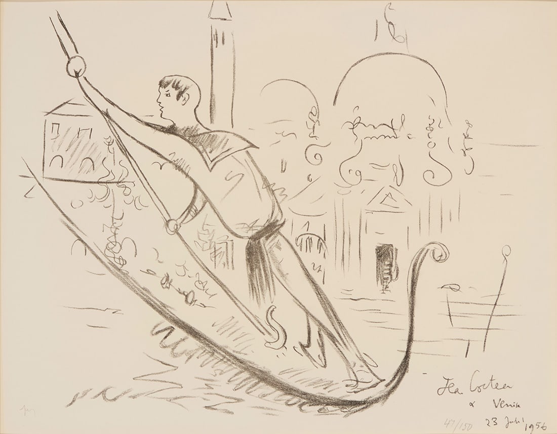 Jean Cocteau (1889-1963), Gondolier in Venice, one plate from the "Venice" series, 1956: Jean Cocteau (1889-1963) Gondolier in Venice, one plate from the "Venice" series, 1956 Lithograph on wove paper Edition: 47/150 (there are also 25 proofs numbered in Roman numerals), printed and