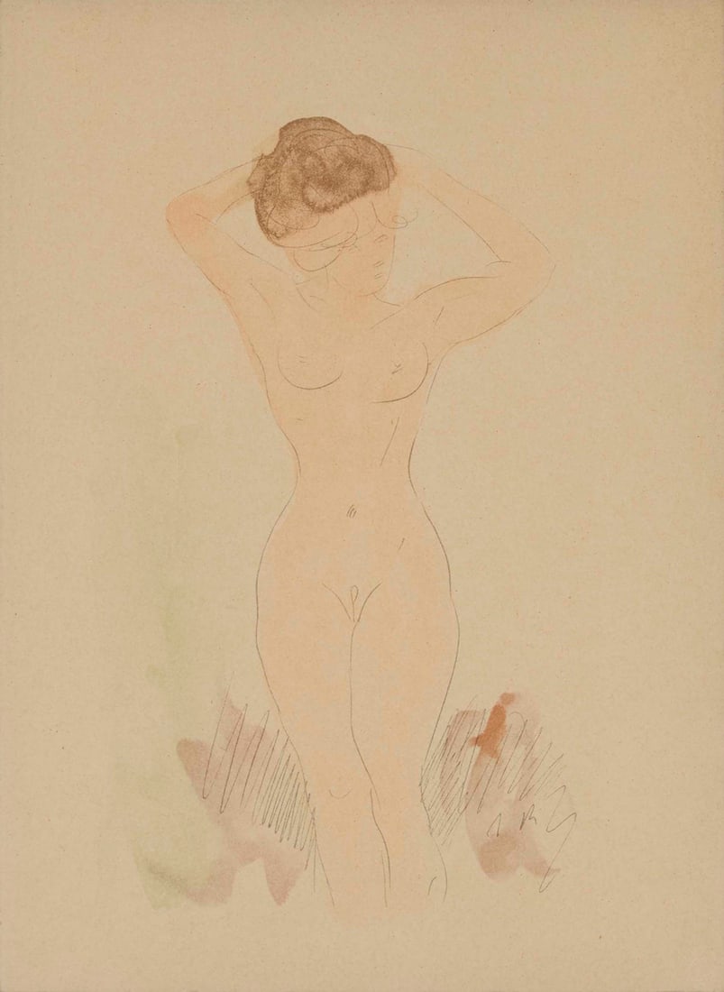 After Auguste Rodin (1840-1917), Model fixing her hair, from the series "Douze Aquarelles," 1920: After Auguste Rodin (1840-1917) Model fixing her hair, from the series "Douze Aquarelles," 1920 Lithograph in colors on cream paper With the printed initials in the image, lower right: AR; George