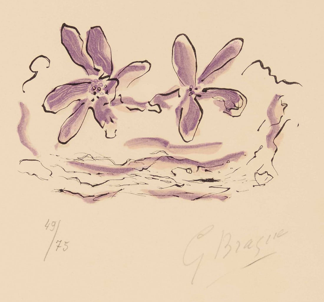 Georges Braque (1882-1963), "Deux fleurs violettes," from "Lettera amorosa" suite, 1963: Georges Braque (1882-1963) "Deux fleurs violettes," from "Lettera amorosa" suite, 1963 Lithograph in colors on wove paper Edition: 49/75 Signed and numbered in pencil in the lower margin: G. Braque;