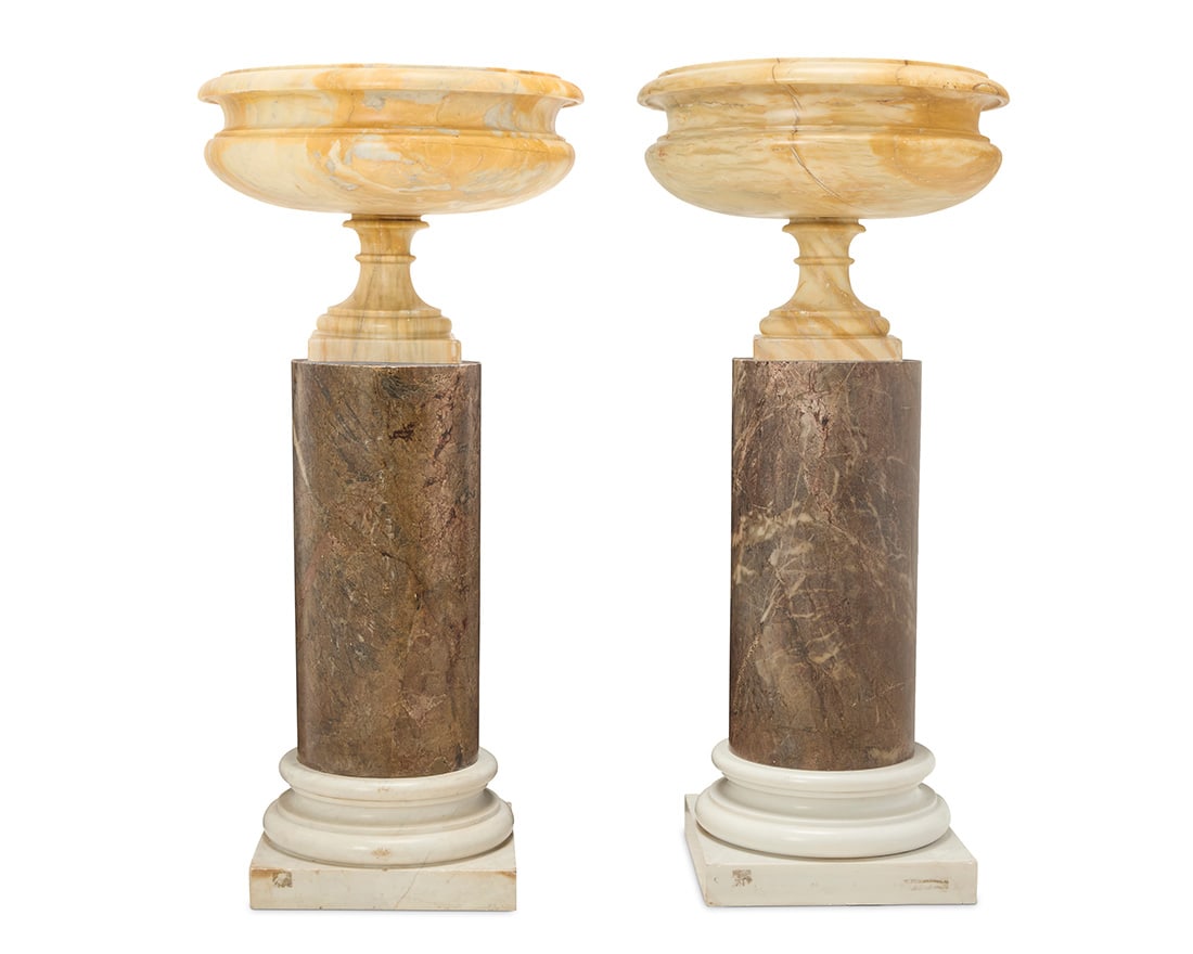 A pair of large carved marble urns on marble pedestals (1 of 11)