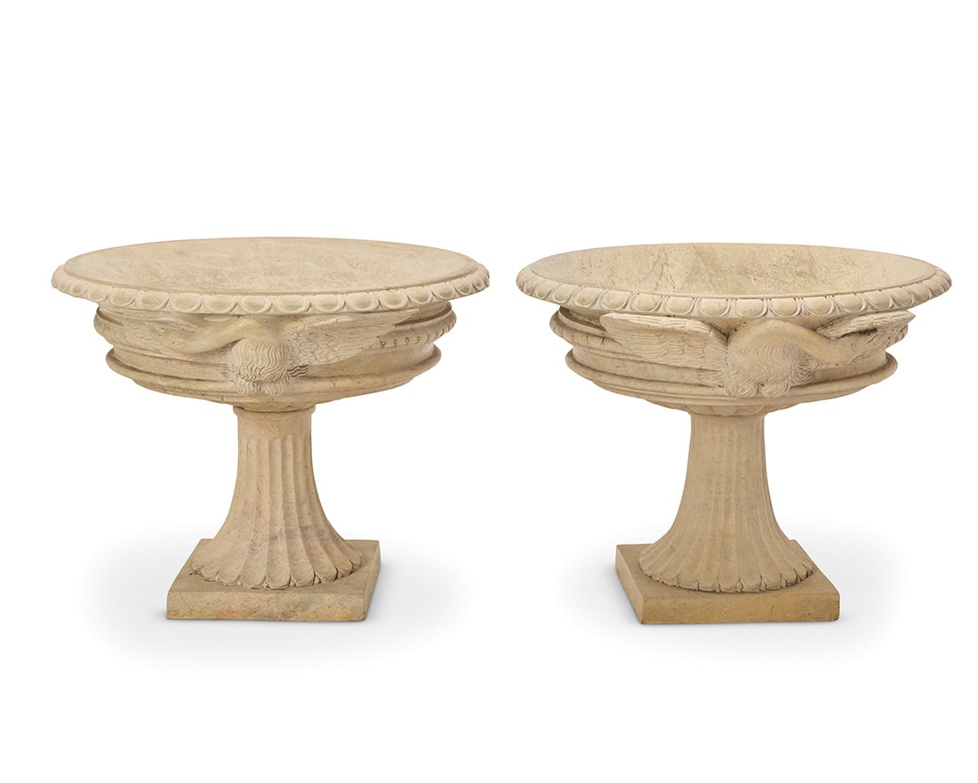 A pair of carved hardstone pedestal bird baths (1 of 8)