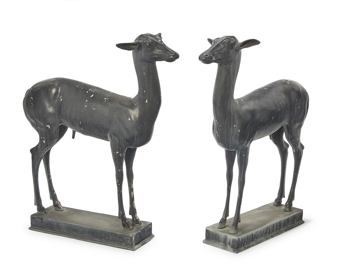 A pair of Grand Tour style patinated bronze Pompeian deer: A pair of Grand Tour style patinated bronze Pompeian deer20th centuryEach unmarked2 piecesEach: 36.5" H x 31" W x 12" D Provenance:The Estate of Joanna Carson