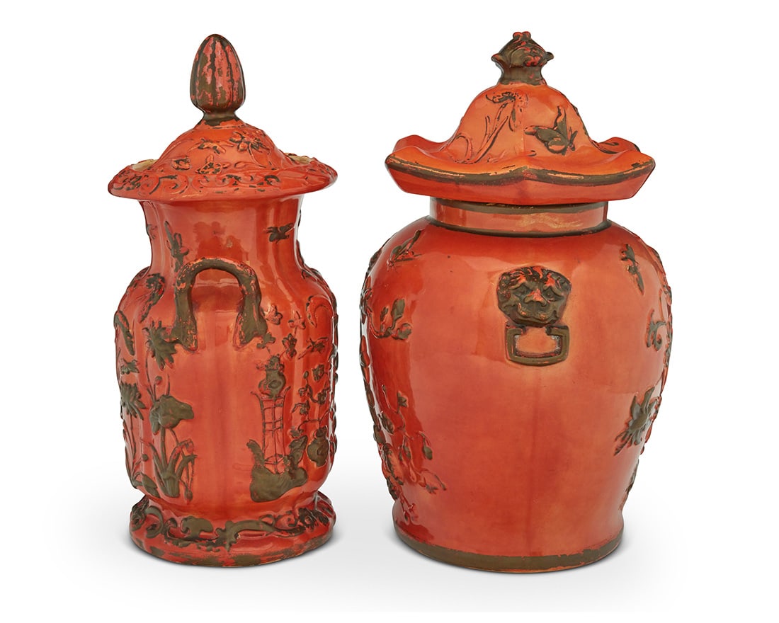Two English glazed earthenware covered jars - 2