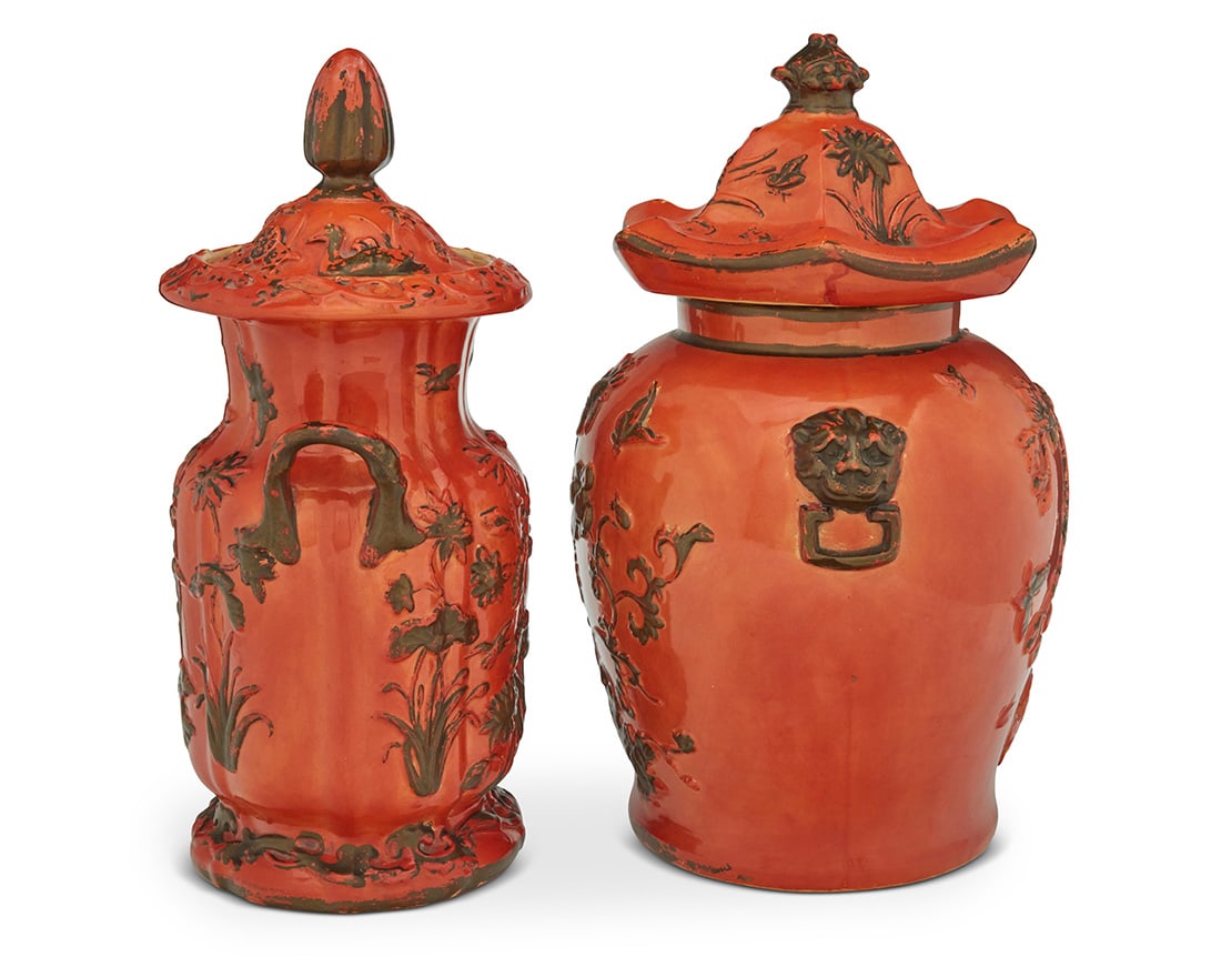 Two English glazed earthenware covered jars - 3