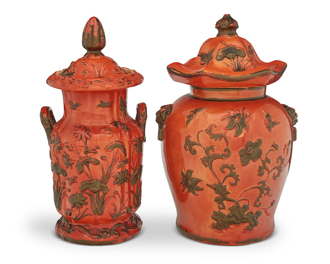 Two English glazed earthenware covered jars - 4