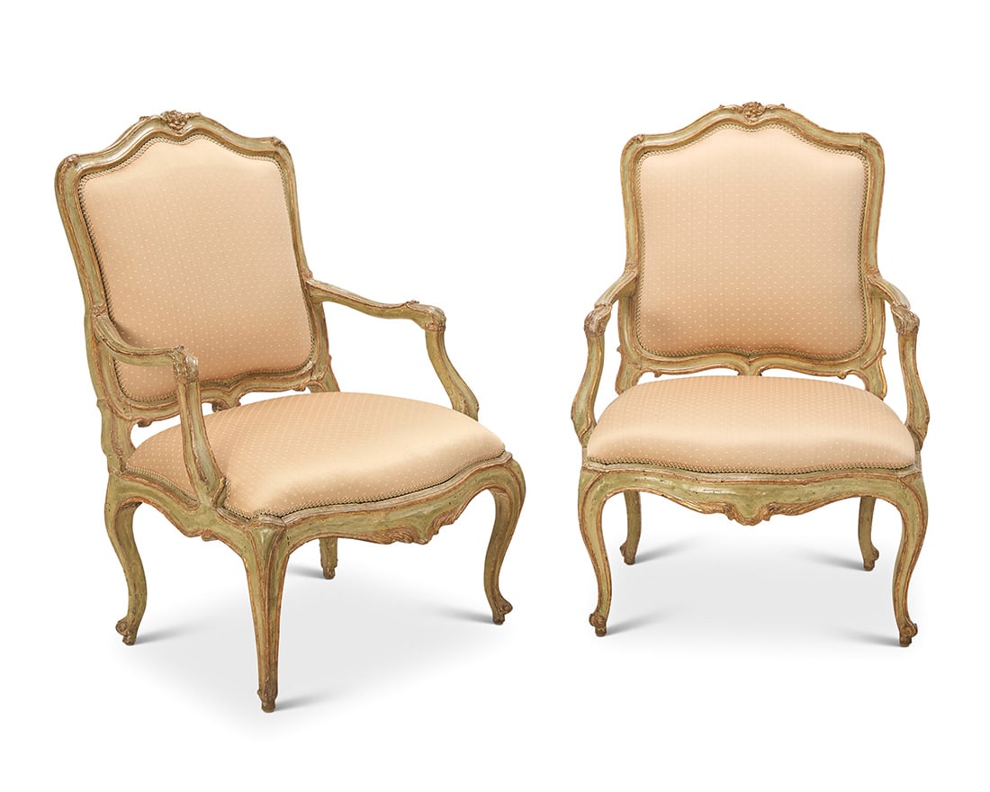 A pair of Louis XV paint decorated fauteuils (1 of 12)