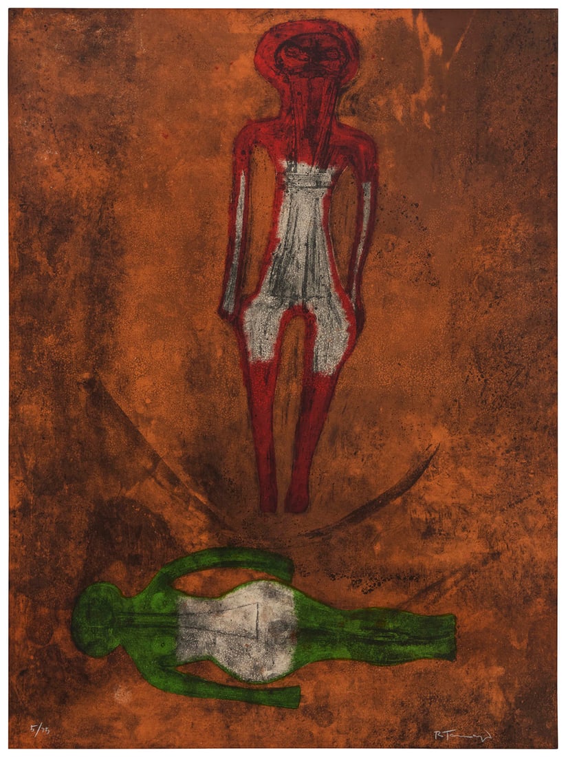 Rufino Tamayo (1899-1991), "Dos Figuras [Two Figures]," from the series "Rufino Tamayo 15: Rufino Tamayo (1899-1991) "Dos Figuras [Two Figures]," from the series "Rufino Tamayo 15 litografias," 1973 Lithograph in colors on wove paper Edition: 5/75 (there are also 10 artist's proofs) Signed