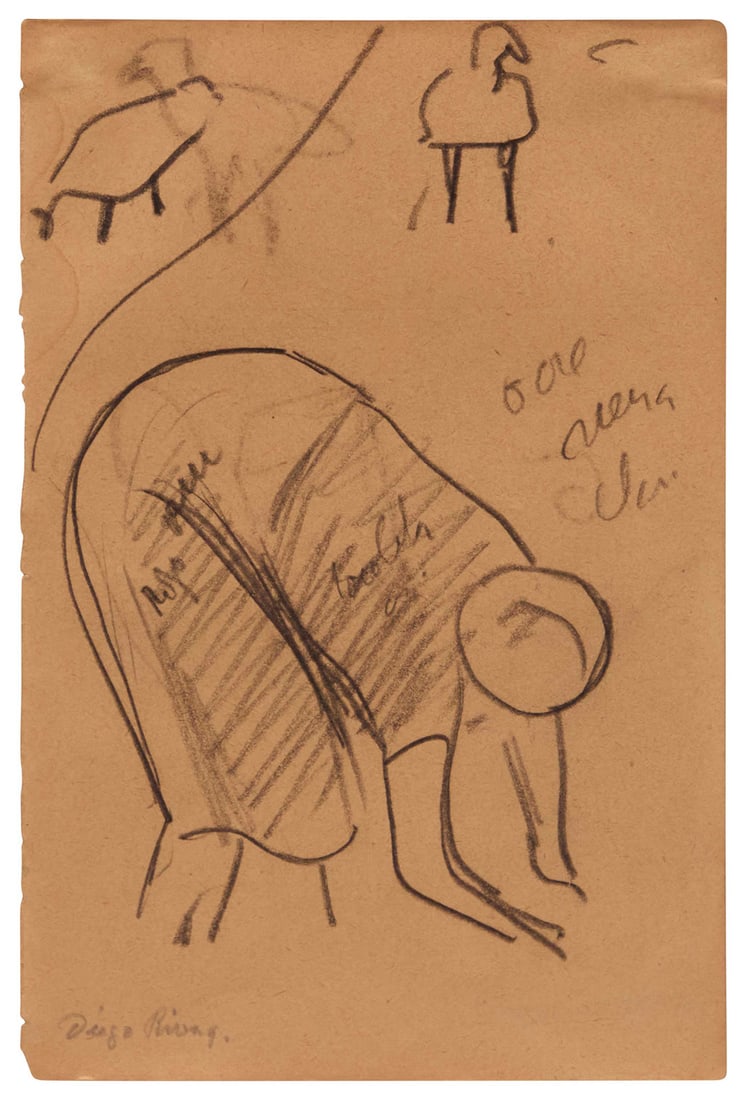 Diego Rivera (1886-1957), Figure working a field with three birds: Diego Rivera (1886-1957) Figure working a field with three birds Conte crayon on thin cream wove paper Signed in pencil lower left: Diego Rivera; with the artist's notations written in and around the