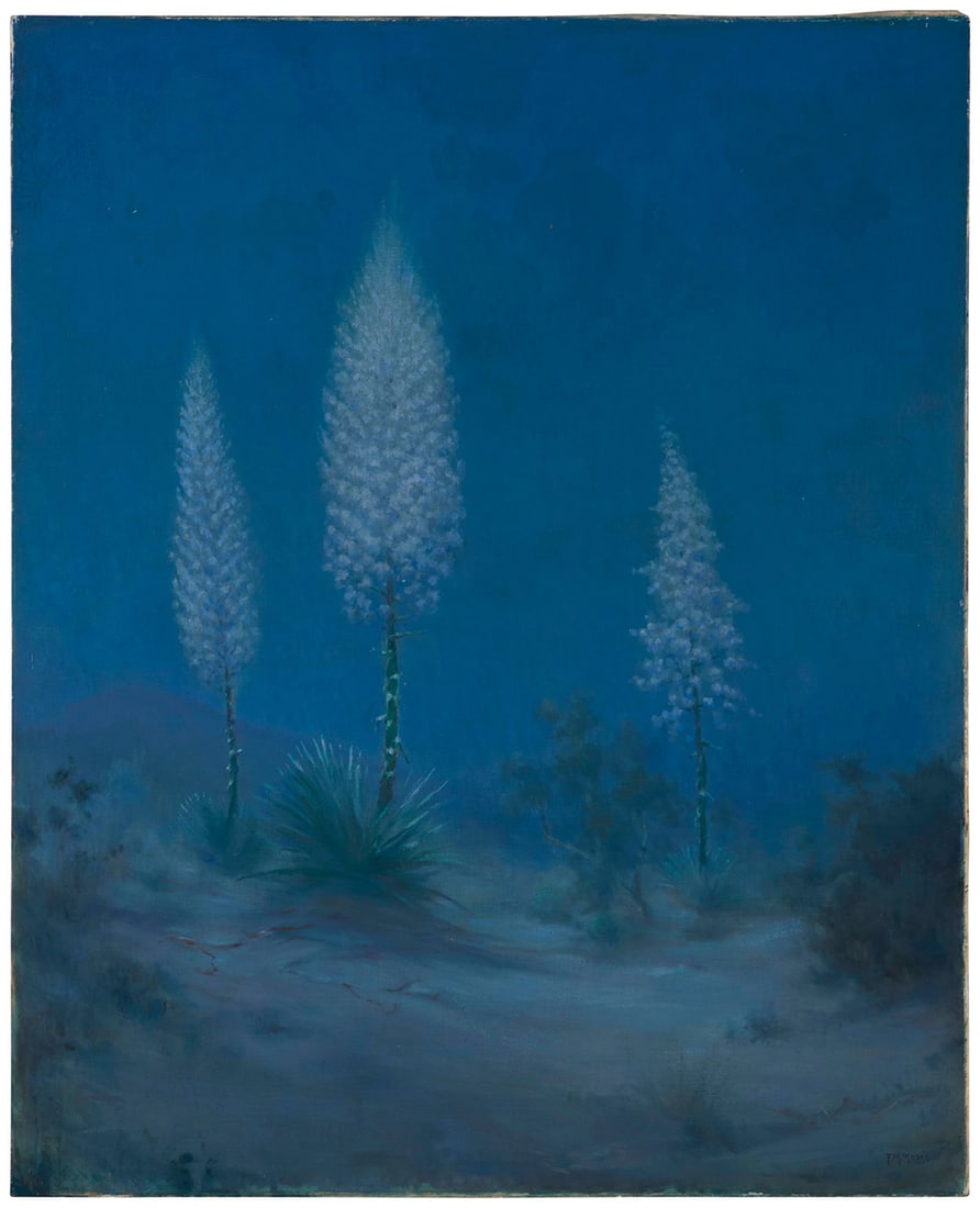 Frank Montague Moore (1877-1967), "Yucca in Moonlight": Frank Montague Moore (1877-1967) "Yucca in Moonlight" Oil on canvas laid to board Signed lower right: F.M. Moore; signed again, titled, and inscribed "Huntington Hotel, Pasadena, Calif." on the