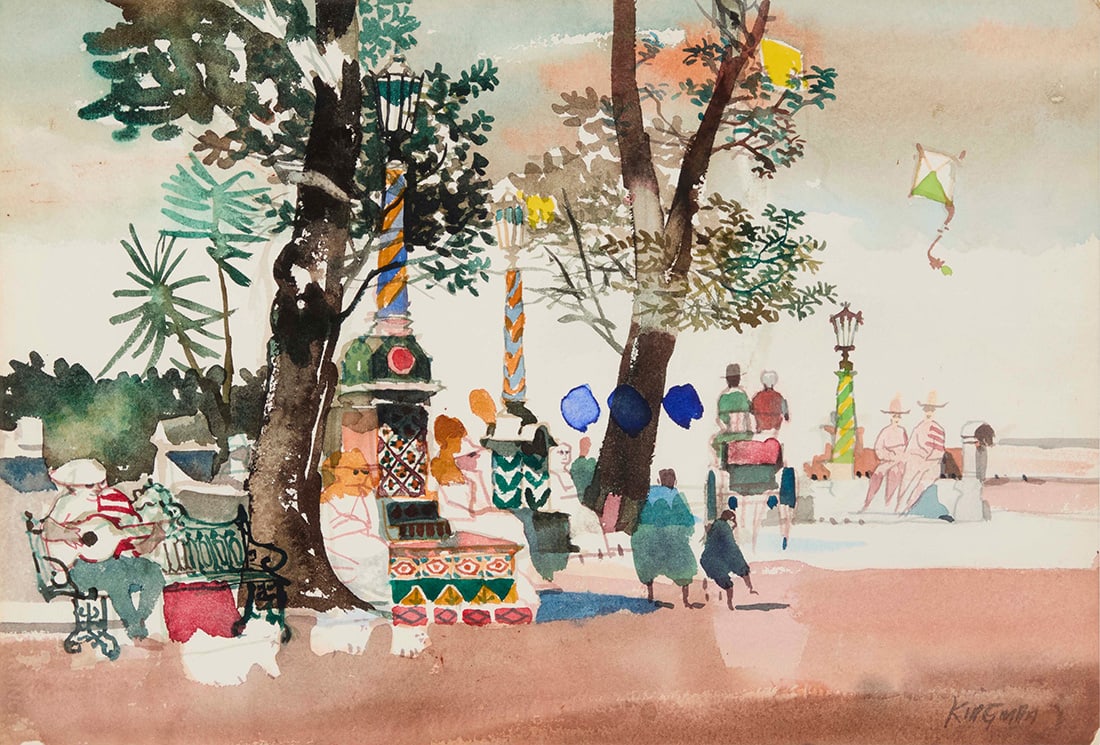 Dong Moy Chu Kingman (1911-2000), "Street Corner - Mexico City": Dong Moy Chu Kingman(1911-2000)"Street Corner - Mexico City"Watercolor on paperSigned lower right: Kingman; signed again and titled on the frame's backing board: Dong Kingman; titled again on three ty