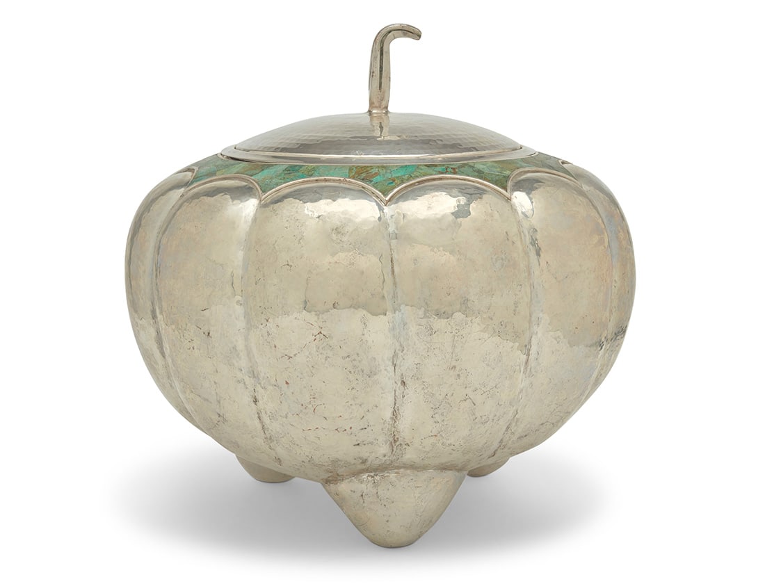 An Emilia Castillo silver plated gourd vessel: An Emilia Castillo silver plated gourd vessel Mid-20th century With etched signature: Emilia Castillo; impressed: Emilia Castillo / Mexico MR. / Plateado / T0-85 Plated hammered copper, with lobed