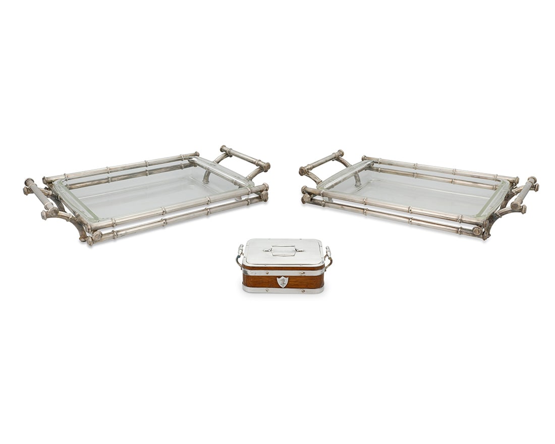 Two silver plated and glass entree dishes and a lidded box: Two silver plated and glass entree dishes and a lidded boxMid-19th century-20th centuryBox marked: TH / &S [Thomas Hardwood & Son, Birmingham] / EP / [crown] / [palmette] / S; each bamboo unmarkedComp